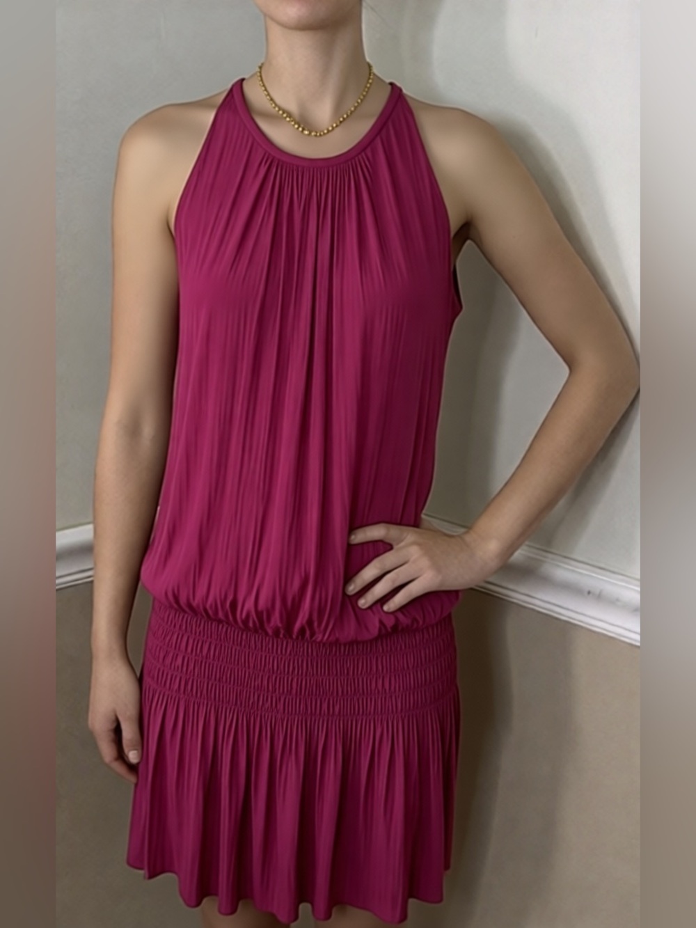 Designer Ramy Brook Fuchsia Sleeveless Pleated Halter Mini Dress - Small